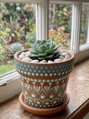 Hand-Painted Decorative Pot with Saucer – Unique Artisan Design – Ideal Gifting